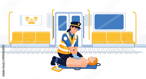 Paramedic performs CPR on patient in subway train, emergency medical response