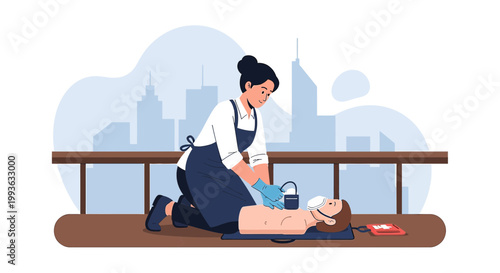 Paramedic performs CPR on patient with AED in urban setting, emergency medical care concept