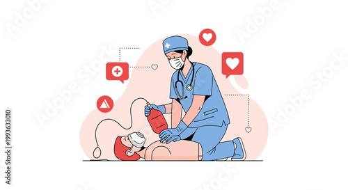 Paramedic performs CPR on patient with defibrillator, medical emergency, life saving