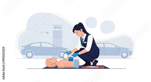 Paramedic Performs CPR on Patient with Ambulance Arrival Background