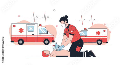 Paramedic performs CPR on patient with ambulance in background, emergency medical care concept