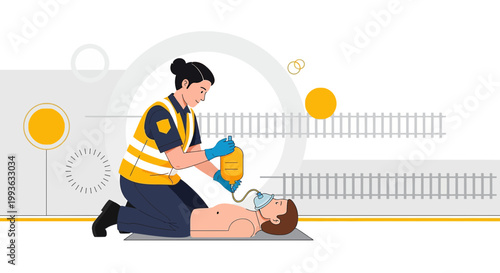 Paramedic Performs CPR on Patient with Oxygen Mask, Emergency Medical Care Illustration