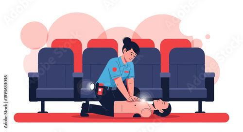 Paramedic performs CPR on person in cinema seats, emergency medical help