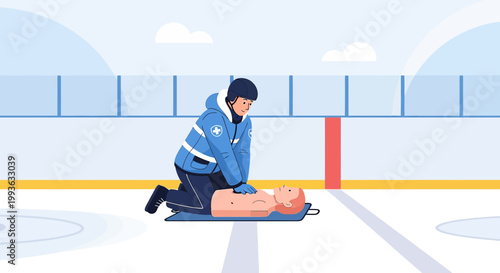 Paramedic performs CPR on person lying on ice rink, emergency medical services