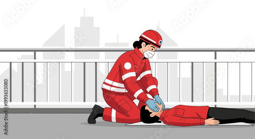Paramedic Performs CPR on Unconscious Person Outdoors with Cityscape Background