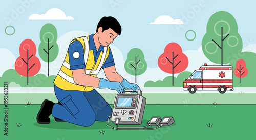 Paramedic prepares medical equipment near ambulance in park, emergency response concept