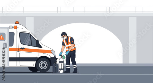 Paramedic prepares oxygen tank next to ambulance on road, emergency medical services concept