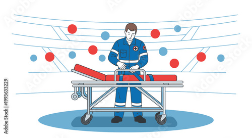 Paramedic prepares stretcher in stadium, emergency response concept