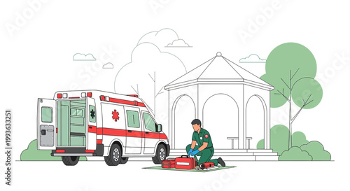 Paramedic preparing first aid kit next to ambulance at park gazebo