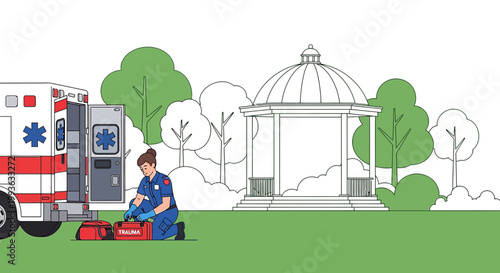 Paramedic preparing medical kit next to ambulance in park with gazebo