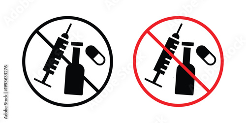 No drugs or alcohol sign concept. Thin line symbol. Solid icons