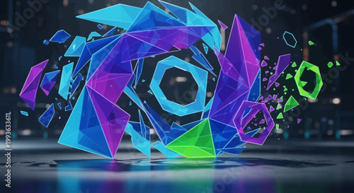 Vibrant geometric crystal formation with purple, blue, and green hues