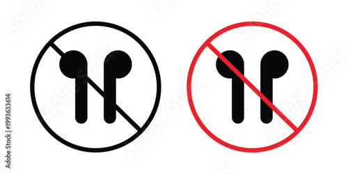 No earbuds allowed sign concept. Thin line symbol. Solid icons