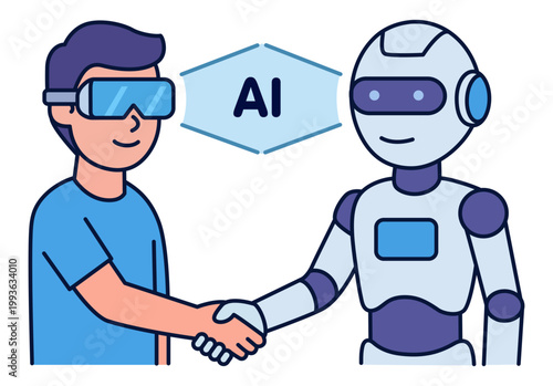 Man shaking hands with AI Robot. Vector illustration. Human-Artificial Intelligence collaboration concept
