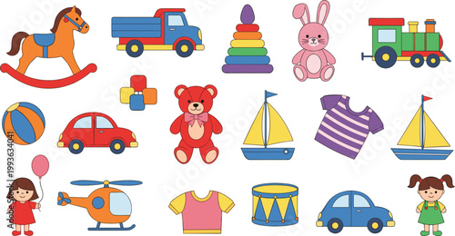 Kids Toys Vector Set with Teddy Bear Car Train Boat Helicopter and Playful Children Items Illustration Collection