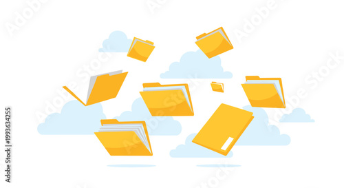 Numerous yellow digital folders fly dynamically through a sky filled with soft blue clouds creating a sense of rapid data movement and cloud storage.