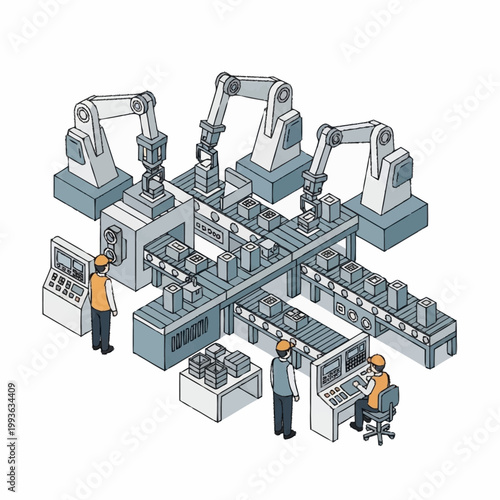 Automated Factory Production Line with Robotic Arms and Workers.