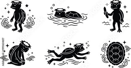 Black and white kappa water creature set with shell swimming and holding cucumber