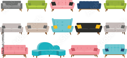 Modern Sofa Collection Set with Colorful Couch Designs, Living Room Furniture in Various Styles for Interior Design, Home Decor, and Comfort Illustration