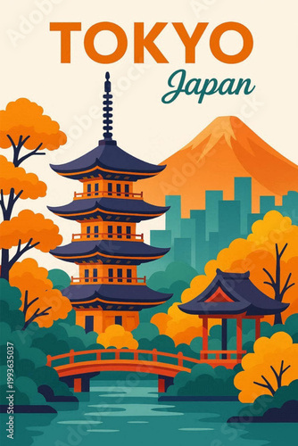 Canvas Print Tokyo Japan City Skyline Flat Design Illustration - Mount Fuji and Traditional A