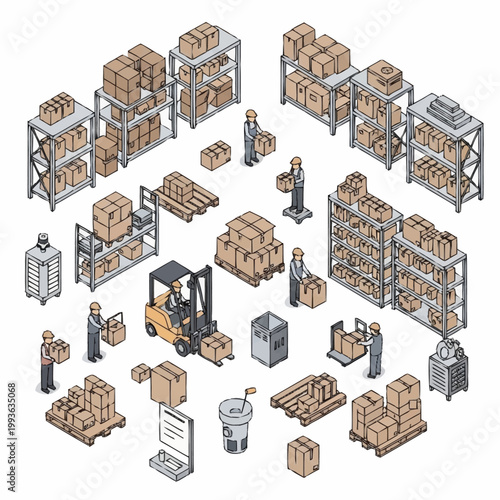 Warehouse interior with shelves boxes forklift and workers isometric illustration.