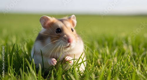 Adorable Syrian Hamster Sitting in Lush Green Grass Field under Sunlight