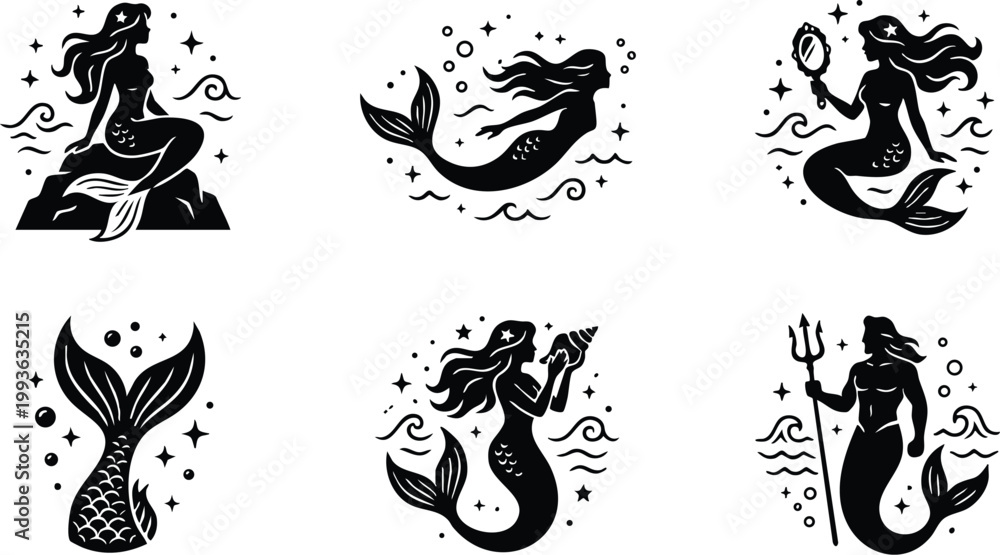 Fototapeta premium Black and white mermaid and merman silhouette vector art with sea elements