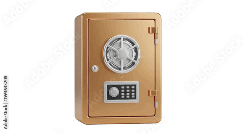 Vector illustration of 3d render of a golden metal safe with a combination lock and keypad on a transparent background