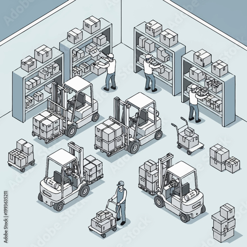 Warehouse interior with forklifts and workers organizing boxes.