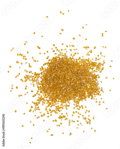 Top view of yellow moong dal split mung beans isolated on transparent background
