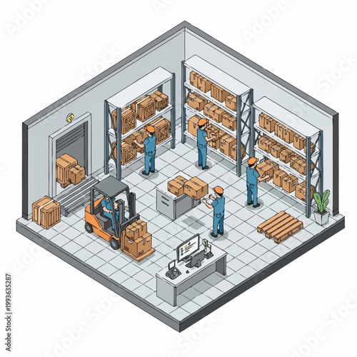 Warehouse interior with workers and forklift moving boxes.