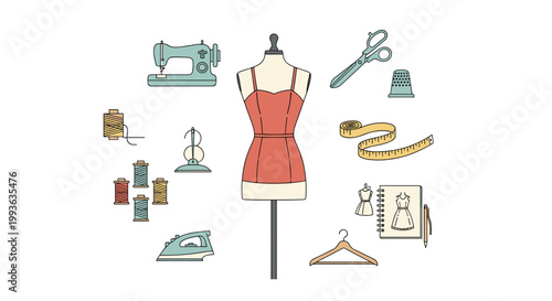 A central dressmaker mannequin is surrounded by a meticulous arrangement of sewing tools including a vintage machine, sharp scissors, and vibrant spools of colorful thread.