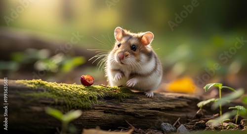 Cute Hamster on a Mossy Log in the Forest Looking at a Small Red Berry