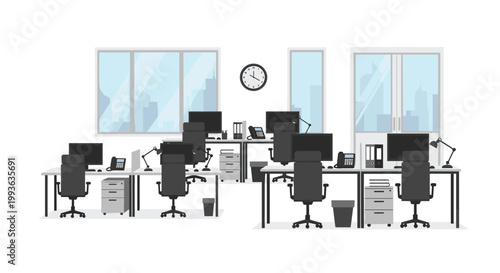 A modern open-plan office space features several organized workstations with ergonomic black chairs and dual monitor setups under bright indoor lighting.