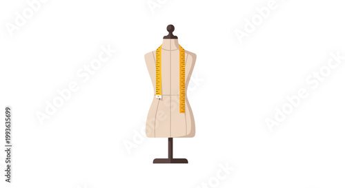 A classic beige dressmaker mannequin stands prominently with a bright yellow measuring tape draped around its neck against a minimalist and clean white background.