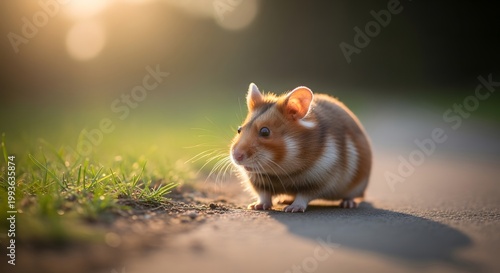 Adorable little hamster in the wild at sunset with soft golden lighting and bokeh background
