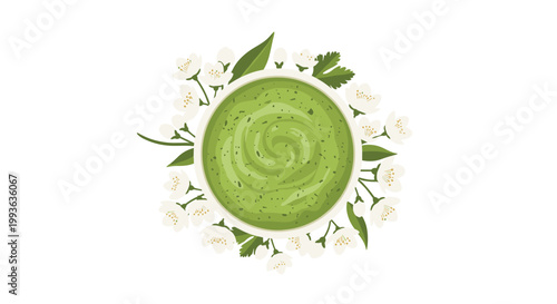 A top-down view shows a white ceramic bowl filled with creamy green pesto sauce artistically surrounded by a wreath of fresh white jasmine flowers.