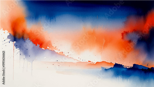 Abstract watercolor art with orange and blue shades creating a landscape of ethereal beauty, and the fusion of colors creates a unique and captivating experience.