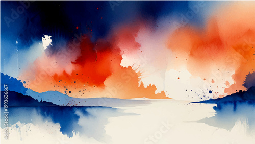 Abstract watercolor landscape painting with vibrant colors capturing an artistic depiction of water, sky, and land merging in artistic style.