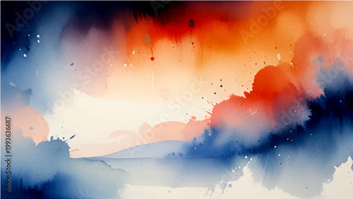 Watercolor abstract painting of sunset in cloudy sky and water with vivid colors and artistic brushstrokes in horizontal orientation.