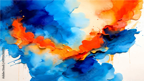 Bild auf Leinwand Abstract watercolor art with blue and orange blotches, brushstrokes, and textures, creating a dynamic design
