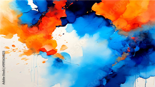 Abstract composition with vibrant blue and orange watercolor splashes, flowing hues creating artistic, artistic explosion over blank backdrop.
