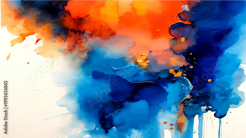 Abstract watercolor background with vibrant hues and creative splashes blending blue and orange colors expressing the dynamic energy of art and design.