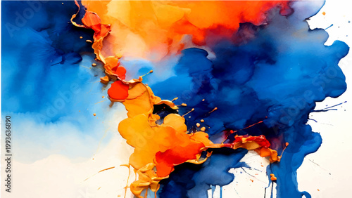 Abstract watercolor painting with vibrant colors blending and fluid art splashes on textured paper evoking dynamism.