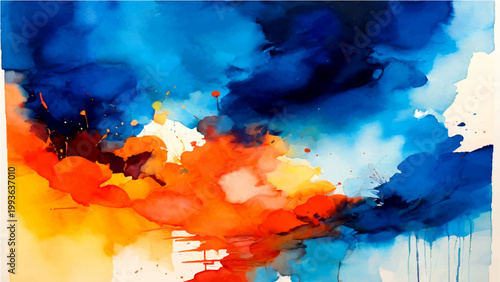 Abstract watercolor painting in vivid hues of blue, orange, and yellow creating dynamic artistry and flowing watercolor background.