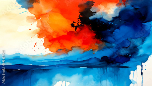 Abstract watercolor painting of vibrant orange and blue with liquid ink and brush stroke.