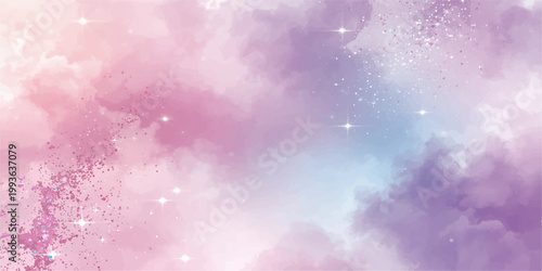 An abstract watercolor background with pink bubbles creates a cloudscape of light and smoke textures featuring a blend of sky blue and purple art design
