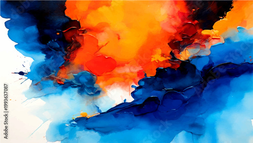 Abstract watercolor painting with vibrant color splashes mixing vivid hues of crimson, sapphire and marigold as contemporary art.