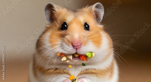 Cute Syrian hamster eating a mix of seeds and vegetables, close-up portrait of a fluffy pet rodent