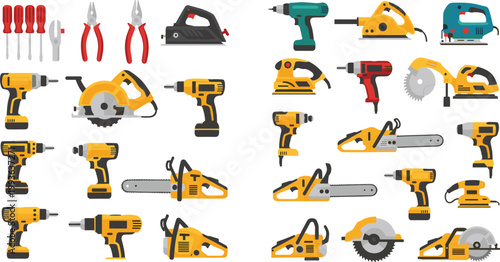 Power Tools Vector Set with Drills Saws Chainsaws Sanders and Workshop Equipment Illustration Collection